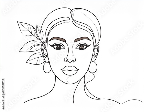 Minimalist Line Art Portrait of a Beautiful Woman with Leaf Accent