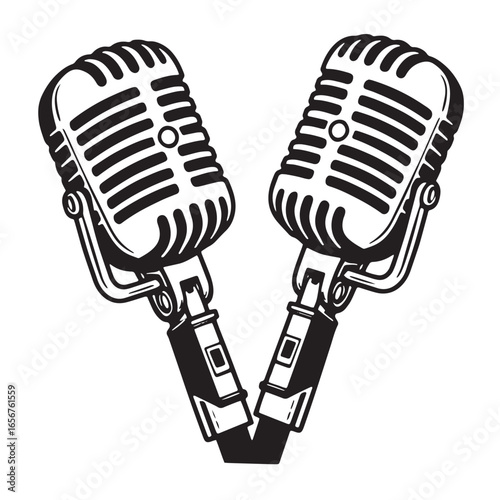 Vintage style black and white illustration of two classic microphones in a v shape