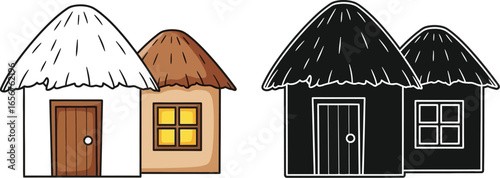 Cartoon thatched roof house vector illustration clip art set