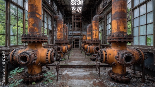 Rust-colored pipes and machinery in an abandoned factory
