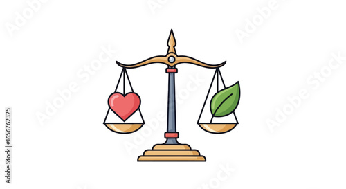 Vector illustration of scales of justice balancing a heart and a leaf