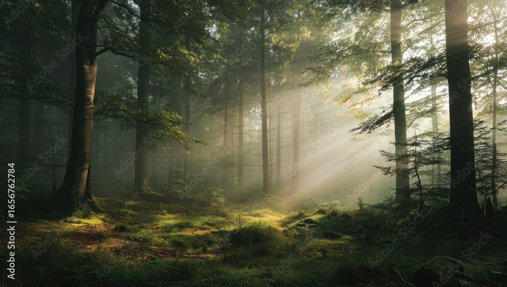 Obraz premium Sunbeams piercing a misty forest (2)