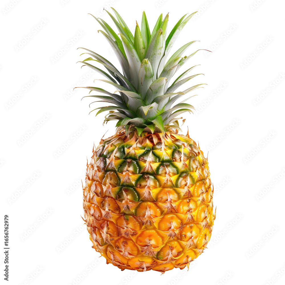 Fototapeta premium and keyword list based on the image.. Whole Pineapple, Detailed Close-Up, Indoor Still Life, Isolated on Black Background.
