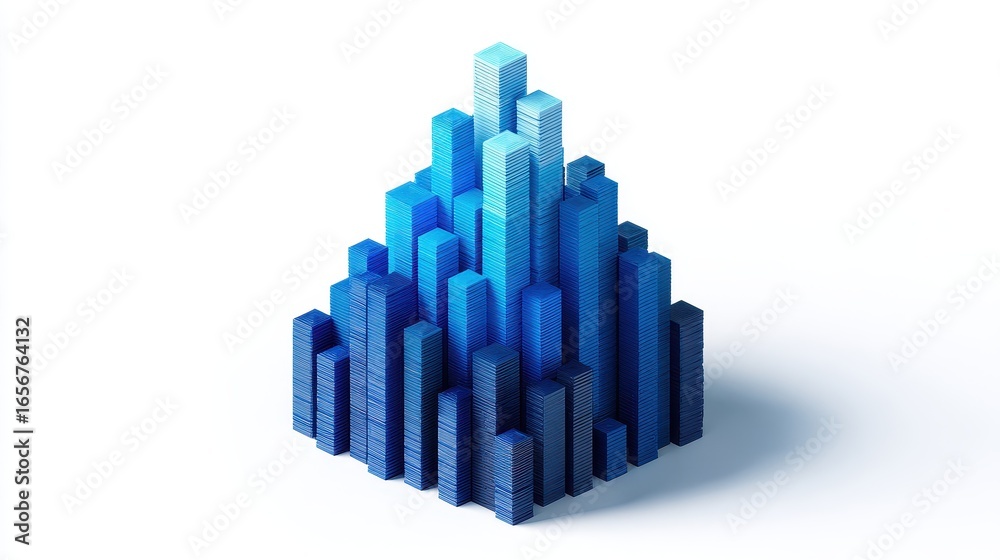 Fototapeta premium A 3D stacked column chart clipart, data element, isometric render, blue gradient, isolated on white background