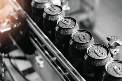 Принти на полотні Industrial beer canning line with freshly sealed beverage cans in drink factory
