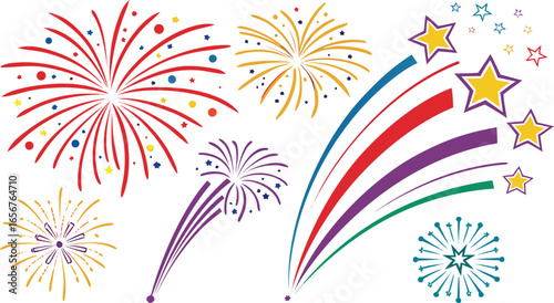 Big set of various fireworks with brightly shining sparks. Colorful pyrotechnics show. Realistic fireworks celebration isolated vector illustration. a realistic and colorful vector illustration.