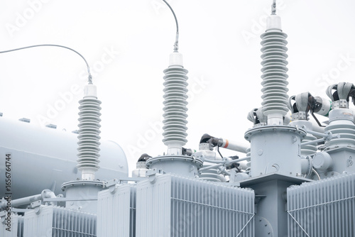 Vászonkép High voltage circuit breaker in power substation, ceramic insulator