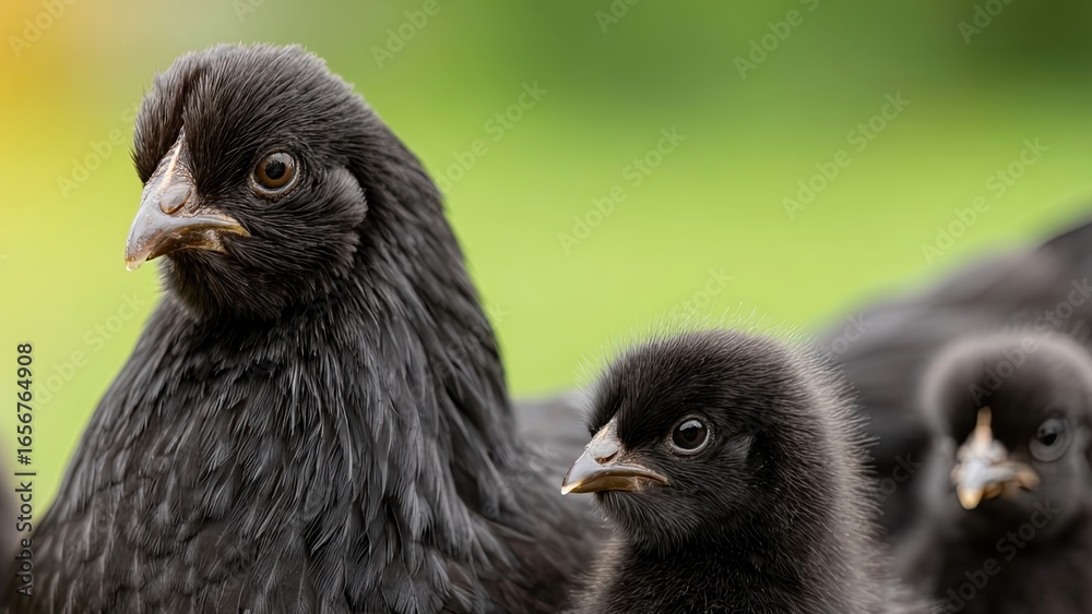 Fototapeta premium Close Encounter With a Black Hen and Her Adorable Fluffy Chicks Enjoying a Sunny Afternoon