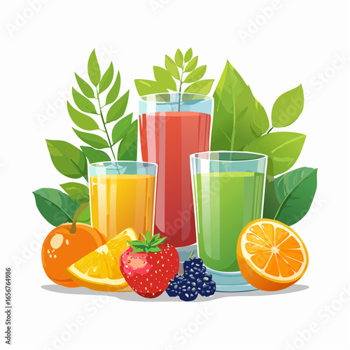 Fresh fruit juices in glasses, surrounded by colorful fruits