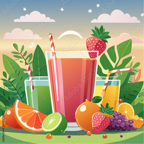 Fresh fruit juices in glasses, surrounded by colorful fruits