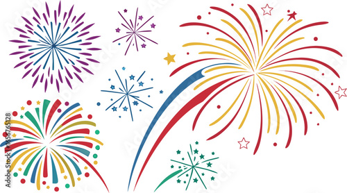 Big set of various fireworks with brightly shining sparks. Colorful pyrotechnics show. Realistic fireworks celebration isolated vector illustration. a realistic and colorful vector illustration.