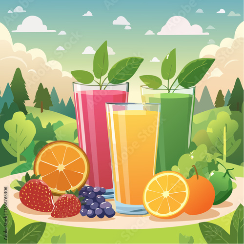 Fresh fruit juices in glasses, surrounded by colorful fruits