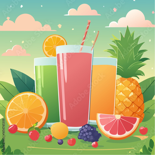 Fresh fruit juices in glasses, surrounded by colorful fruits