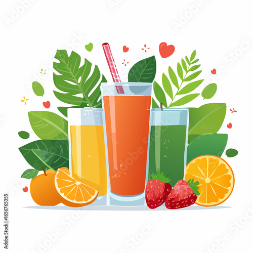 Fresh fruit juices in glasses, surrounded by colorful fruits