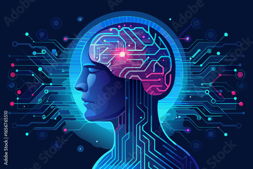 Vibrant digital mindscape with glowing neural pathways and circuitry, symbolizing AI and futuristic consciousness, perfect for tech innovation concepts.