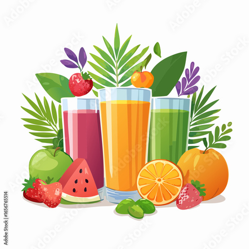 Fresh fruit juices in glasses, surrounded by colorful fruits