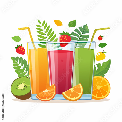 Fresh fruit juices in glasses, surrounded by colorful fruits