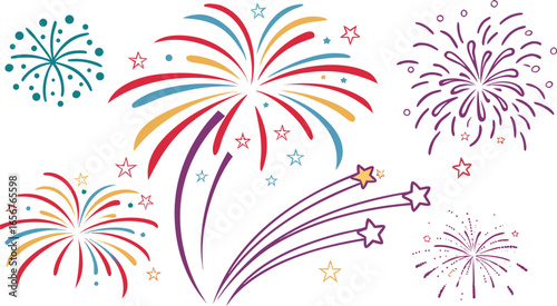 Big set of various fireworks with brightly shining sparks. Colorful pyrotechnics show. Realistic fireworks celebration isolated vector illustration. a realistic and colorful vector illustration.