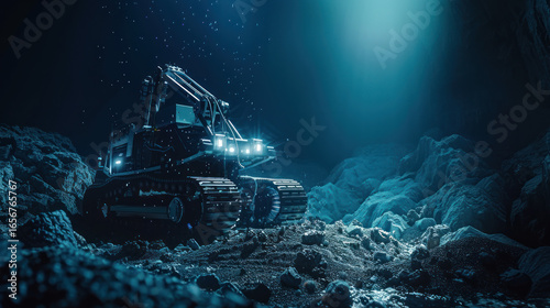 Autonomous deep sea mining vehicle on ocean floor
