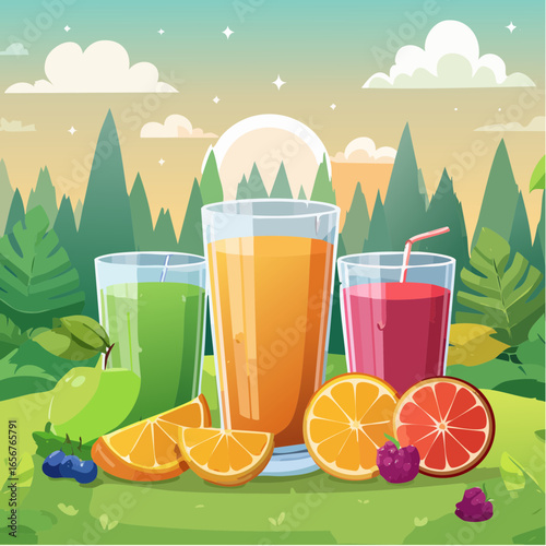 Fresh fruit juices in glasses, surrounded by colorful fruits