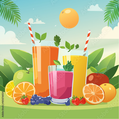 Fresh fruit juices in glasses, surrounded by colorful fruits