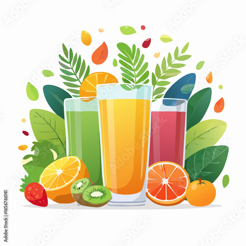Fresh fruit juices in glasses, surrounded by colorful fruits