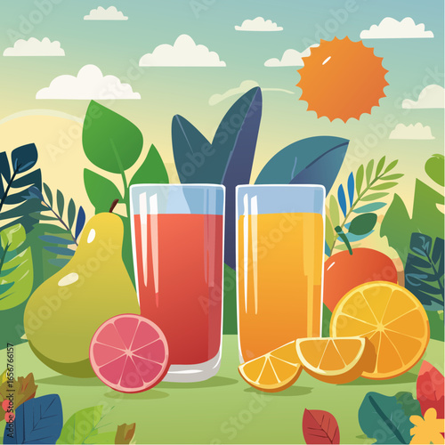 Fresh fruit juices in glasses, surrounded by colorful fruits