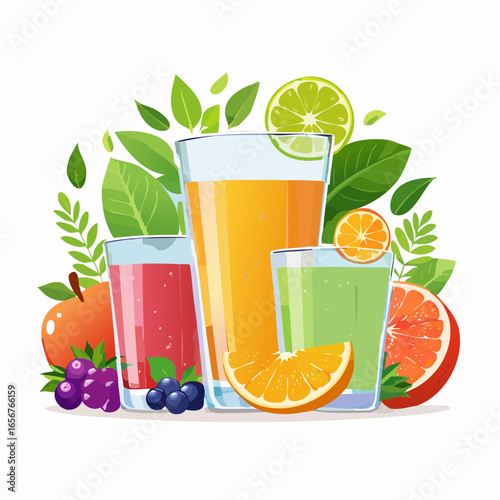 Fresh fruit juices in glasses, surrounded by colorful fruits