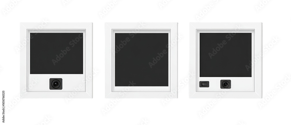 Three white square devices with displays and cameras Three white square devices with displays and cameras