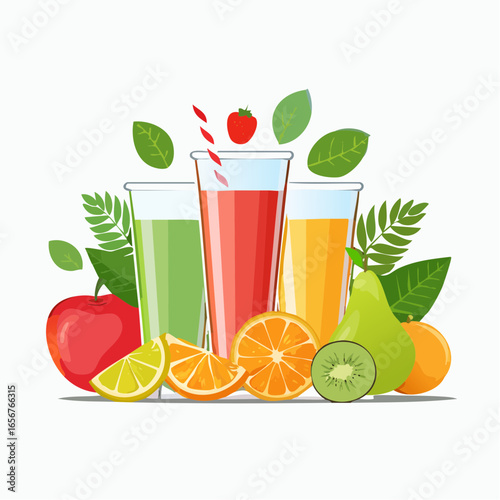 Fresh fruit juices in glasses, surrounded by colorful fruits
