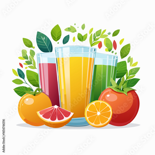 Fresh fruit juices in glasses, surrounded by colorful fruits