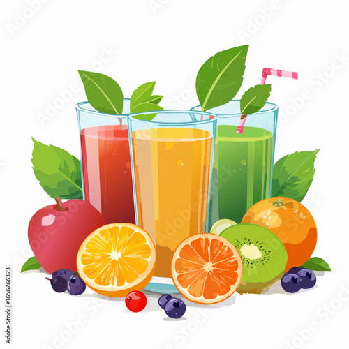 Fresh fruit juices in glasses, surrounded by colorful fruits