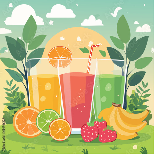 Fresh fruit juices in glasses, surrounded by colorful fruits