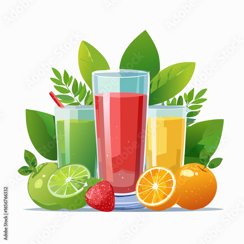 Fresh fruit juices in glasses, surrounded by colorful fruits