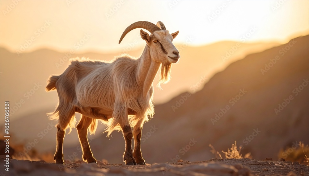 Obraz premium Majestic Goat at Golden Hour in Desert Landscape