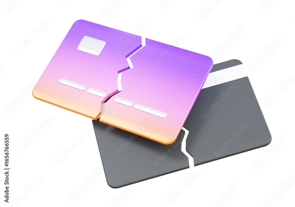 Obraz premium Plastic credit card broken icon on isolated background. Account business financial expire bank service money transaction payment protection online concept. 3d render illustration