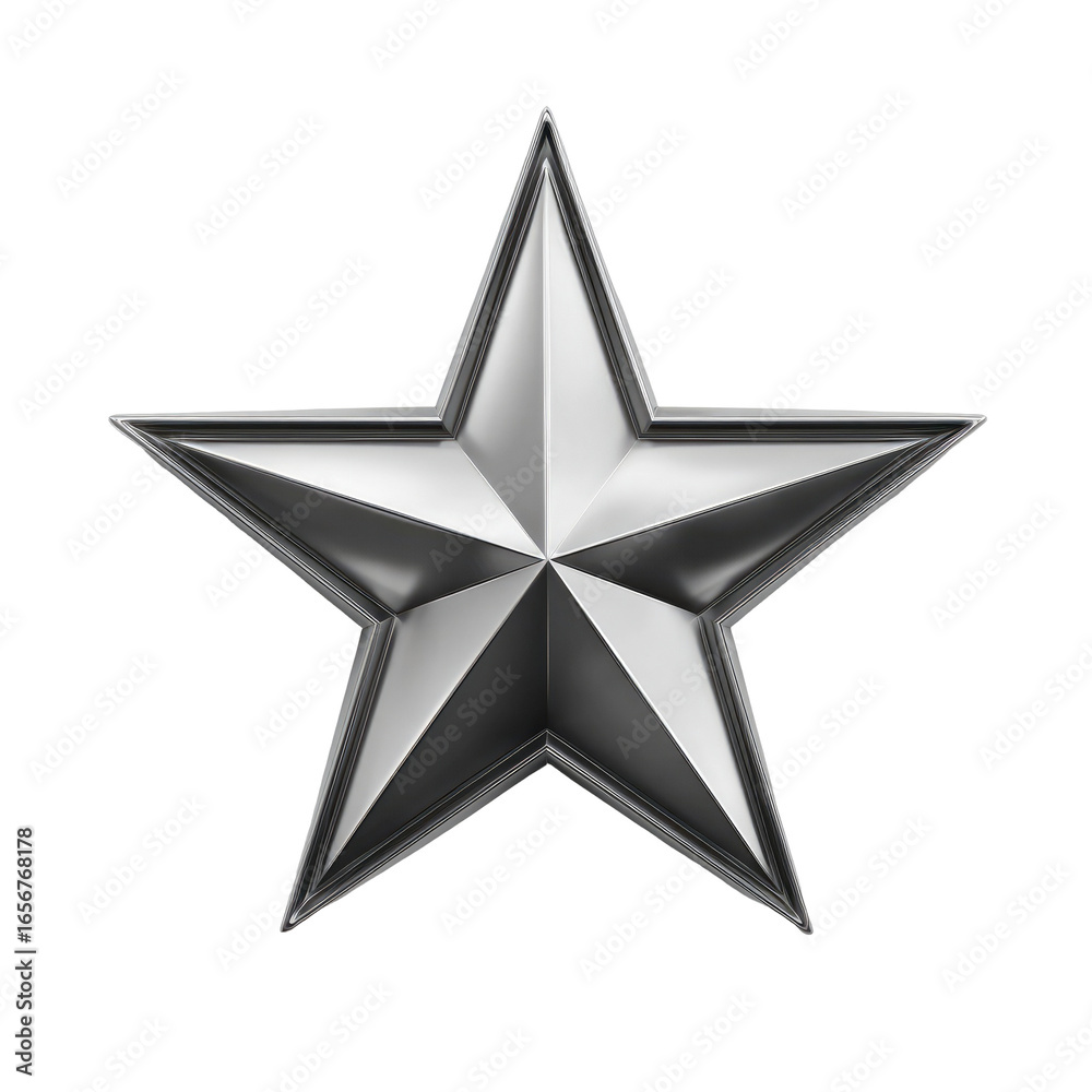 Fototapeta premium A metallic, five-pointed star, rendered in dark gray. Sharp, embossed points, a 3D effect