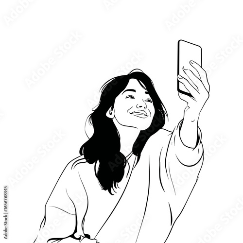 Young woman smiling while taking selfie with smartphone  