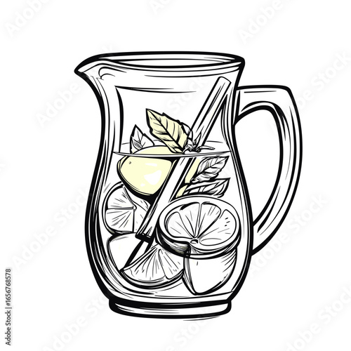 Transparent pitcher filled with lemonade and fresh mint leaves  
