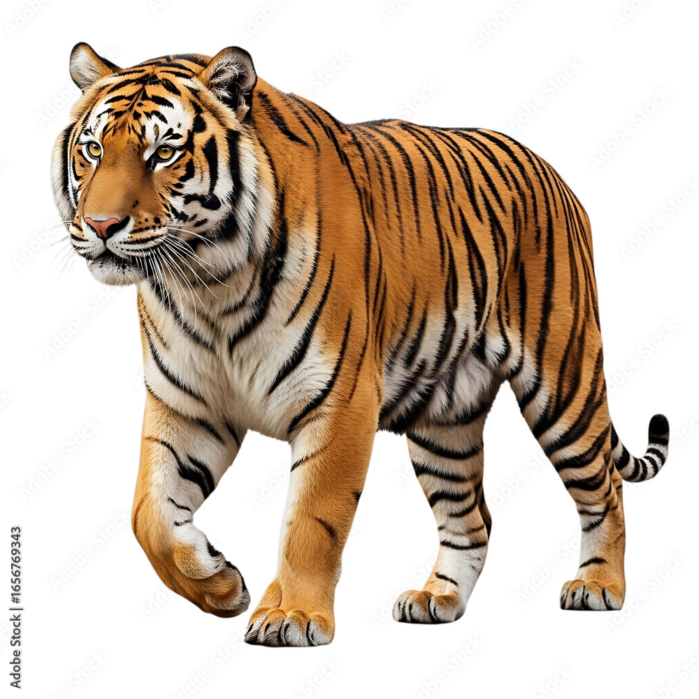 Obraz premium Majestic Bengal Tiger Prowling with Confidence Isolated Against a Black Backdrop Showcasing Striking Orange and Black Fur