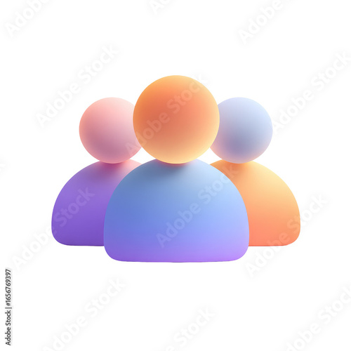 Three stylized, rounded, pastel-colored human figures clustered together