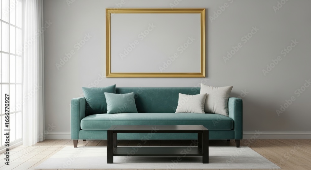 Fototapeta premium Modern living room sofa design with elegant gold frame above and minimalist coffee table