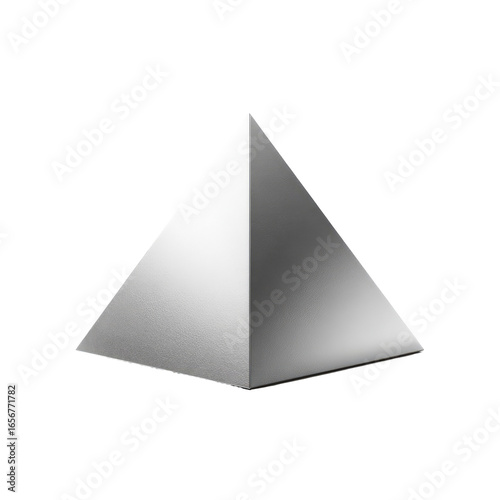 A three-dimensional, solid, white pyramid.  It's sharply angled, with a smooth, reflective surface