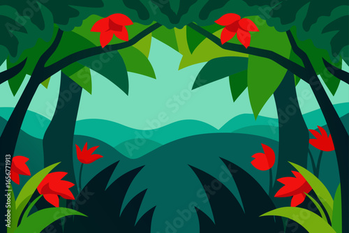  jungle canopy view with visible red blooms peeking