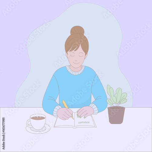  young woman journaling at a cozy desk with a cup of tea and potted plant, mindfulness self care activity for relaxation and mental health in pastel colors