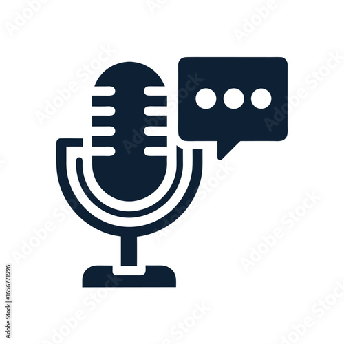 Dark Blue Microphone Icon with Speech Bubble on White Background podcast audio