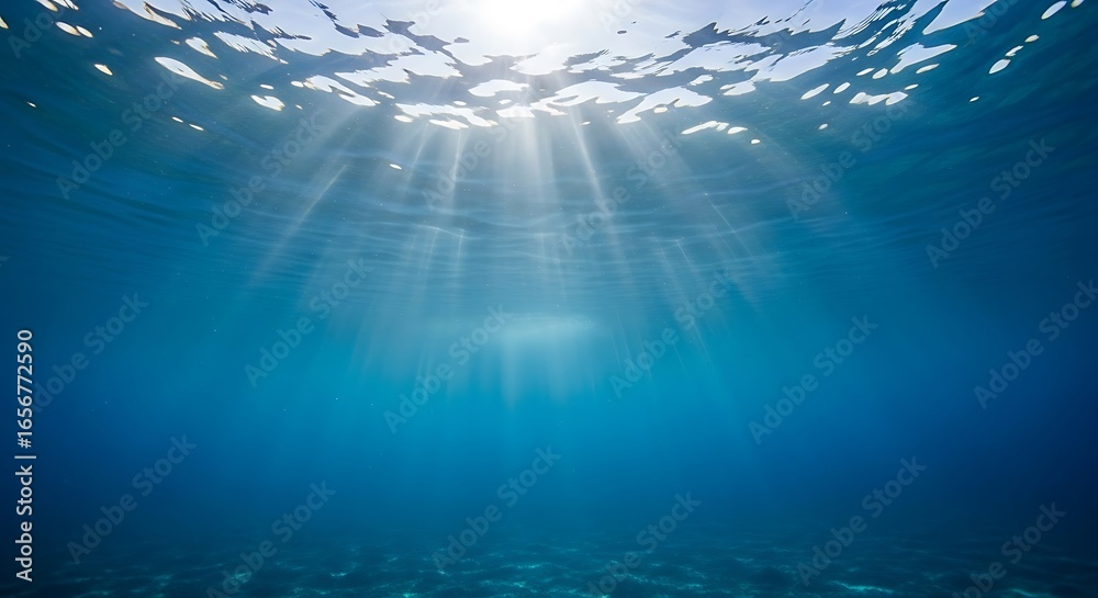 Fototapeta premium Sunbeams Penetrating Deep Blue Ocean Water Creating Mesmerizing Underwater Light Rays