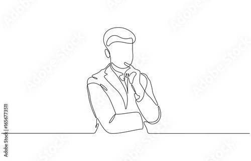 Businessman thinking, with his finger on his chin, single line draw design vector graphic illustration. Hand drawn one line vector, Editable stroke.