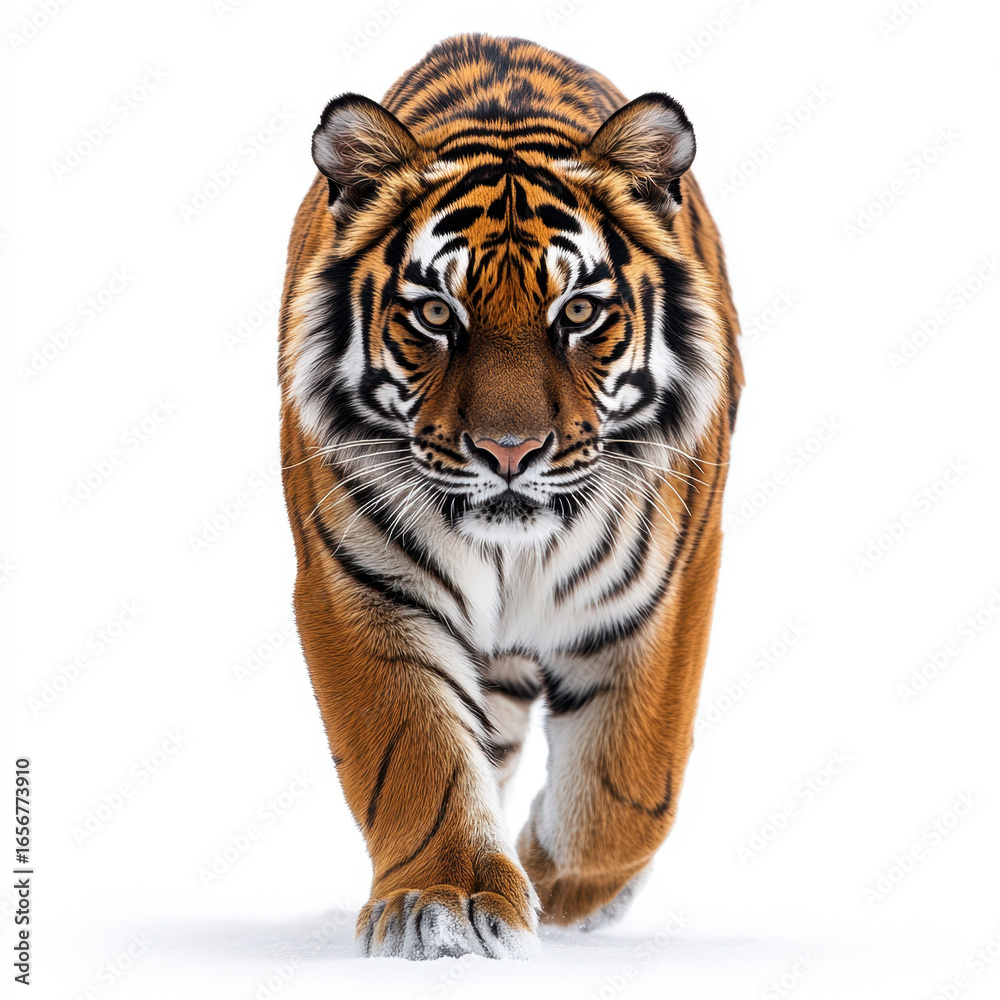 Obraz premium Tiger walking across a white background.