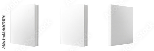 Three 3D renderings of blank white books
